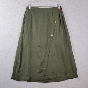 Chartou Linen Blend Green Elastic Back Faux Wrap Midi A Line Skirt Women's Large